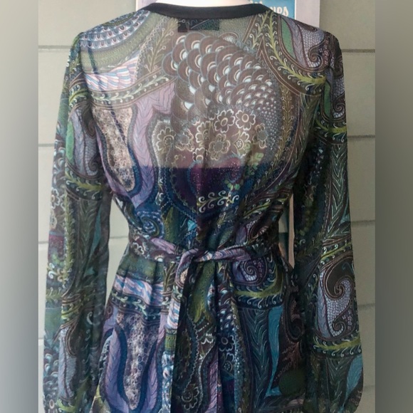 Colorful sheer long sleeve blouse plunging keyhole detail & smock waist w/ tie. - Picture 5 of 12